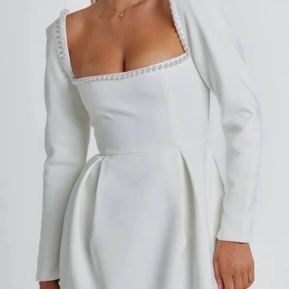 Elegant White Pearl-Trimmed Dress